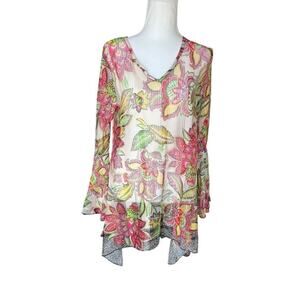 Dor Dor Couture Asymmetrical Hem Open Knit Mesh Long Bell Sleeve Floral Medium